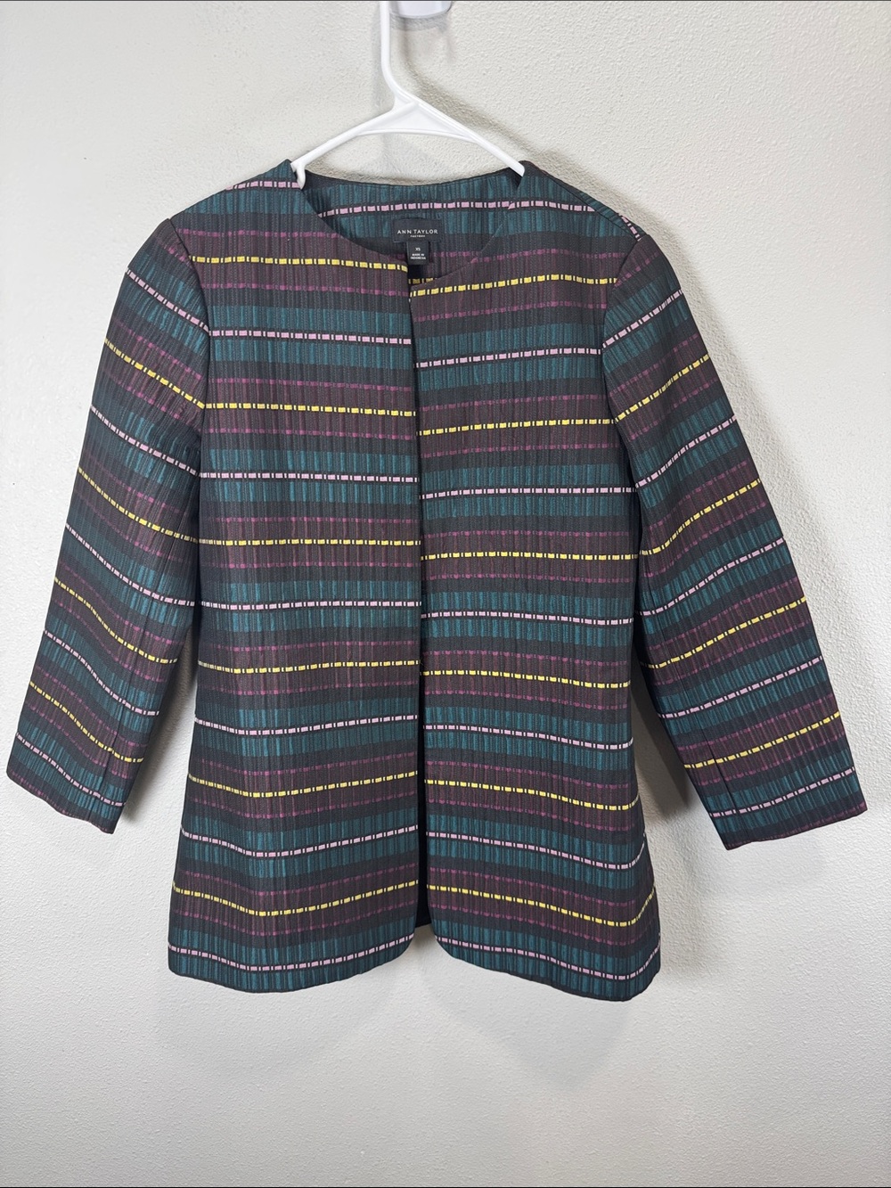 Ann‎ Taylor Striped Collarless Blazer in Teal, Plum and Yellow